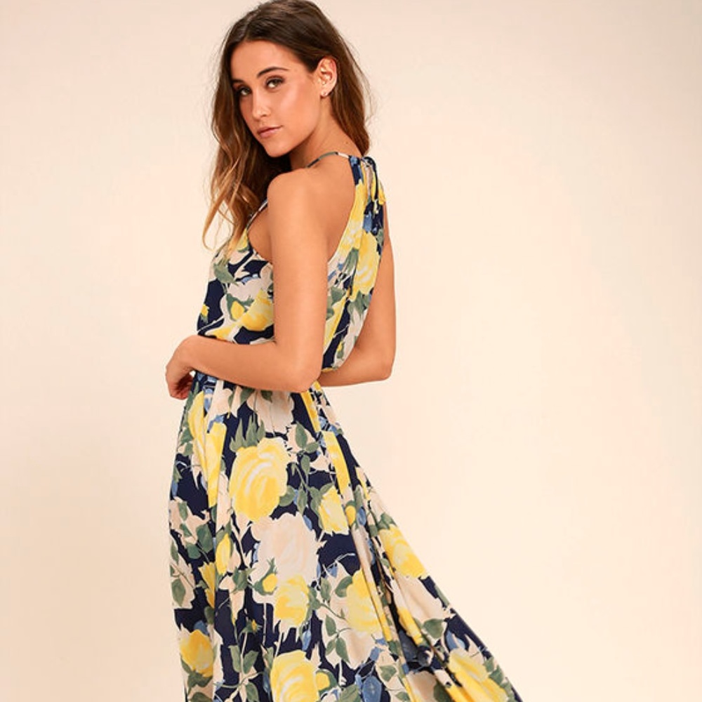LuLus Navy Blue & Yellow Floral Print BNWT